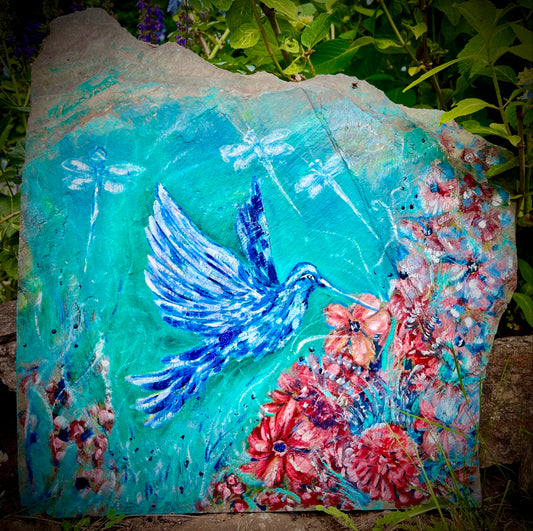 Custom Garden Slate Art - Hummingbird & Dragonflies